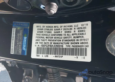 2020 Honda Civic Sport from USA, damaged, VIN 19XFC2F82LE203316